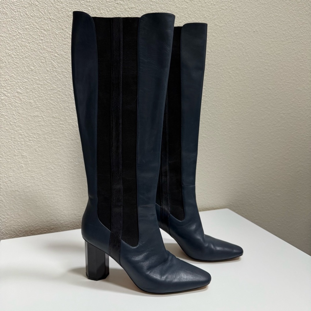Vero Cuoio Designer Black and Blue Leather Knee High Boots Women’s Size 9.5